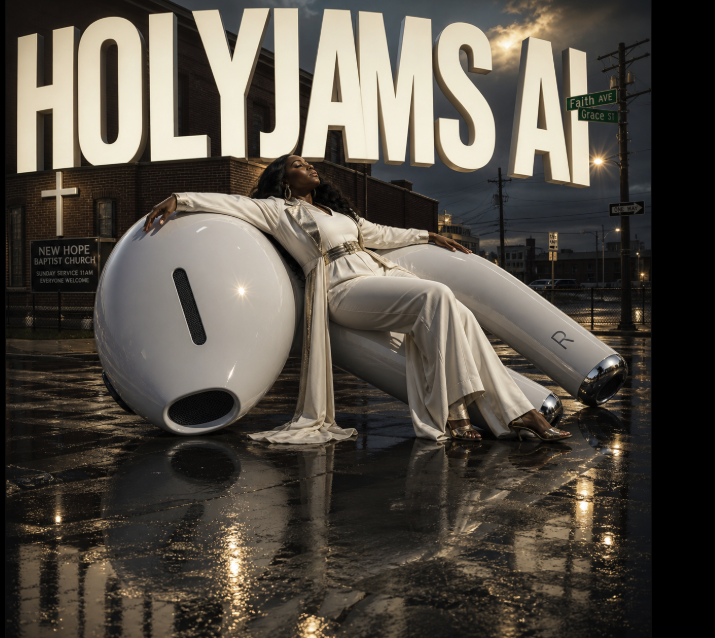 HolyJams AI — a woman in flowing white reclining against an oversized chrome-and-white sculpture outside New Hope Baptist Church at Faith Ave & Grace St.